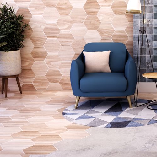 Porcelanato Esmaltado 22.5x25.9 Malinas Hex Beige Madera Mate