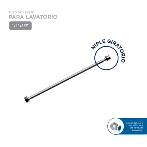 Tubo de abasto1/2x1/2 pulg x 40cm acero inoxidable para Lavartorio Vainsa