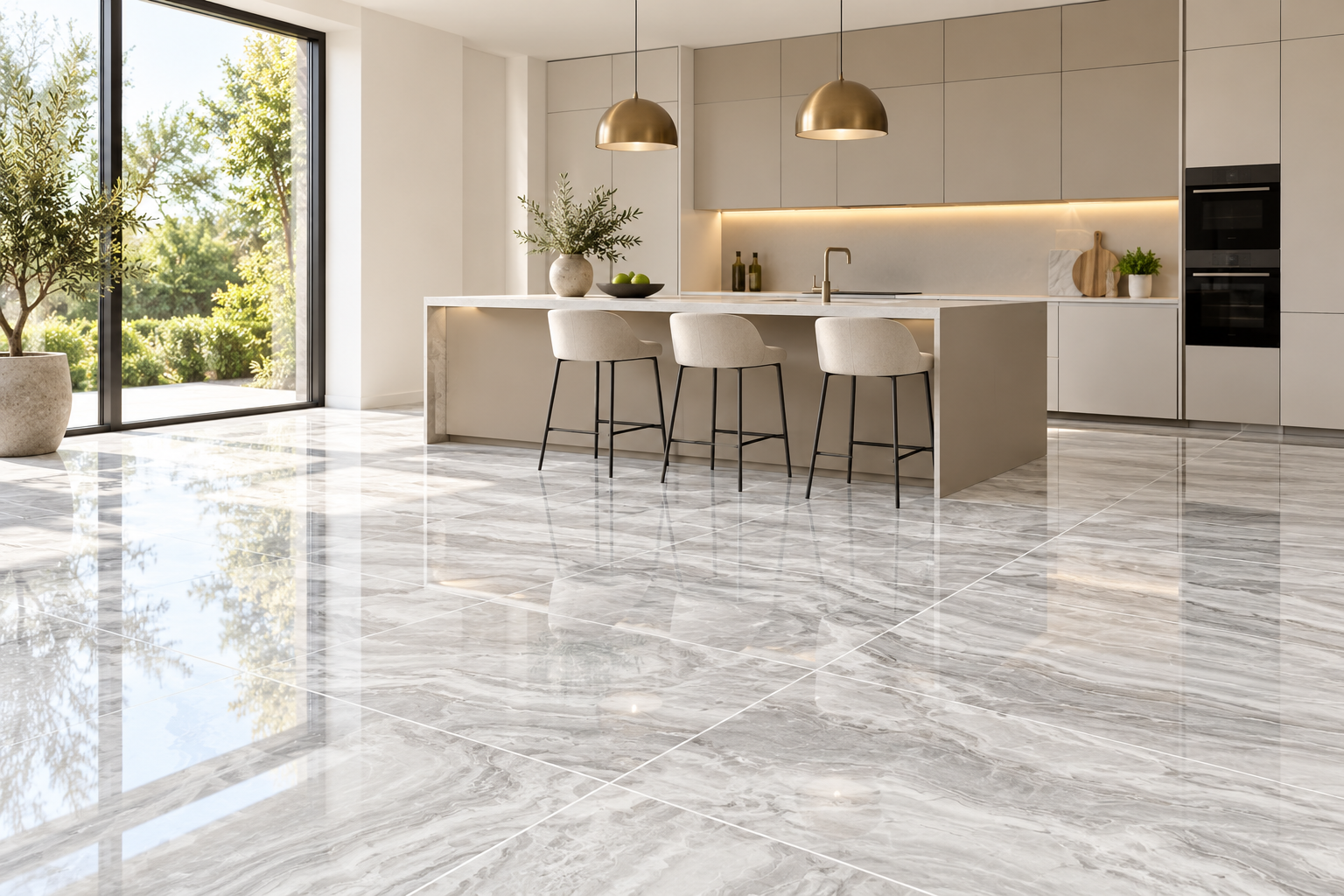 Porcelanato Queen Pearl Pulido Rectificado 120 × 120 cm - Caja de 1.44 m² — cocina con isla, banquetas y piso marmolizado pulido