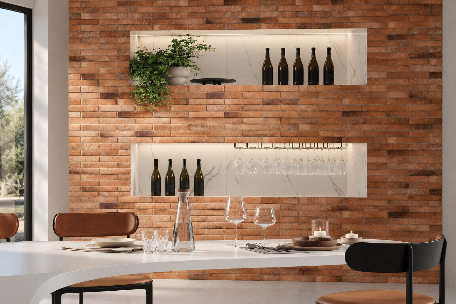 Porcelanato Bristol Rojo 3D Rectificado 32 × 85 cm - Caja de 1.14 m² — muro revestido en tono rojizo con nichos iluminados, mesa blanca y sillas