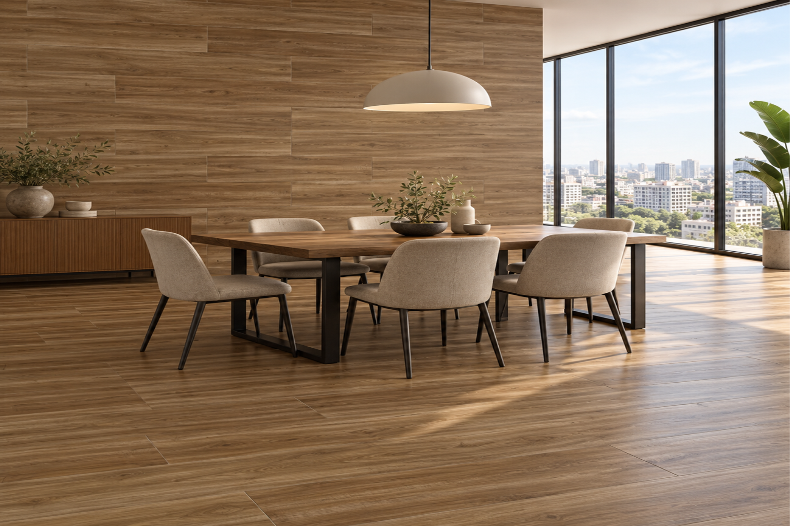 Porcelanato Eternal Teka Marrón Mate No Rectificado 25 × 100 cm - Caja de 1.5 m² — comedor con mesa y sillas, pared y piso de acabado madera