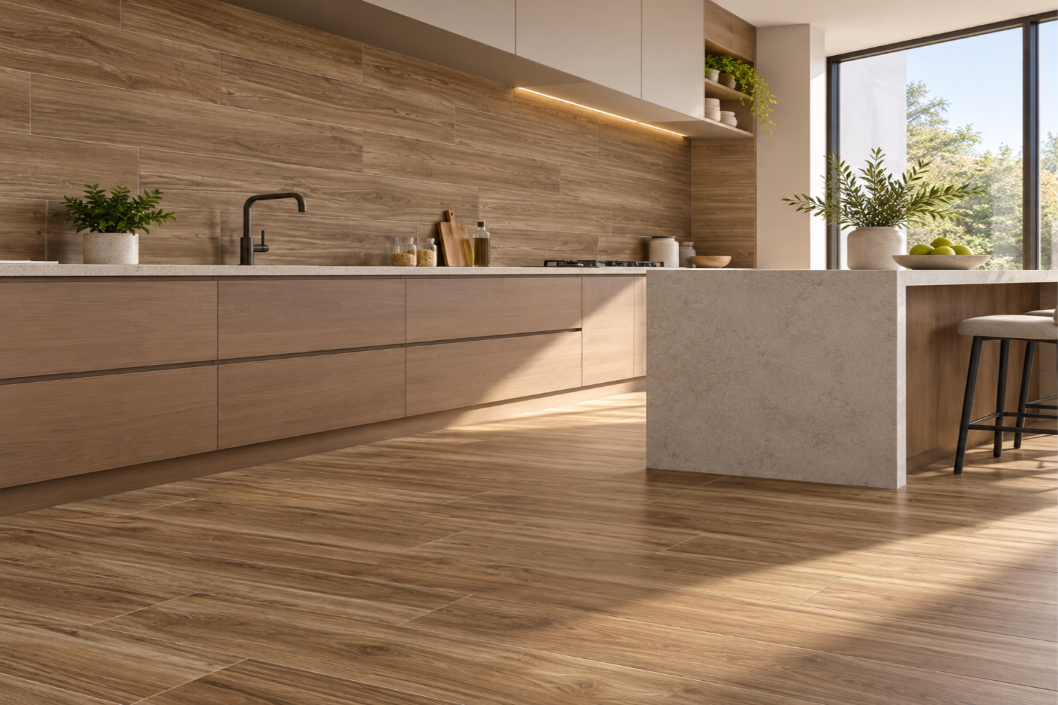 Porcelanato Eternal Teka Marrón Mate No Rectificado 25 × 100 cm - Caja de 1.5 m² — cocina con muebles de madera y piso de acabado madera