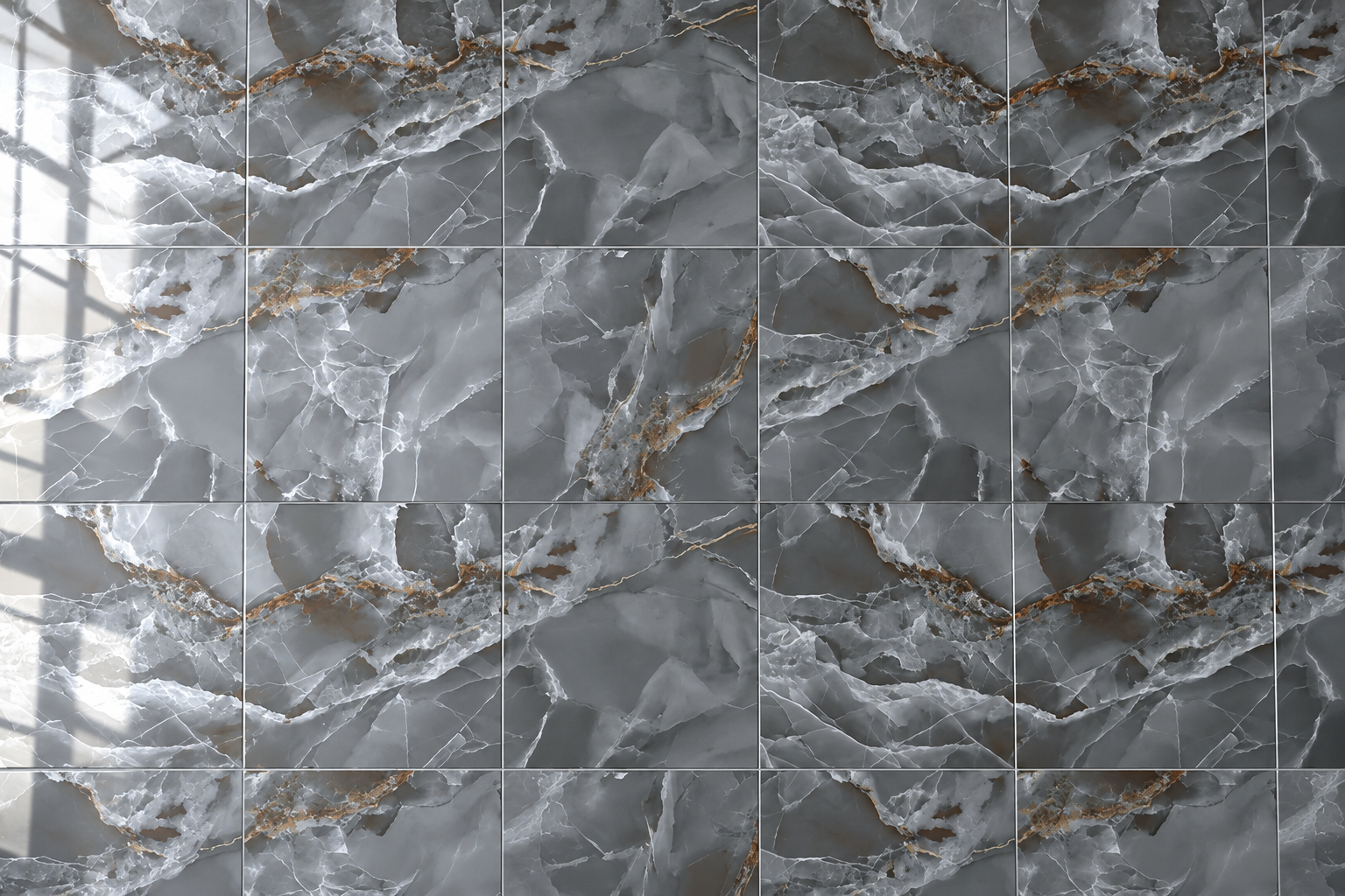 Cerámico Piso Onyx Graphite Brillo Rectificado 60 × 60 cm - Caja de 1.8 m² — piezas colocadas en cuadrícula con vetas grafito